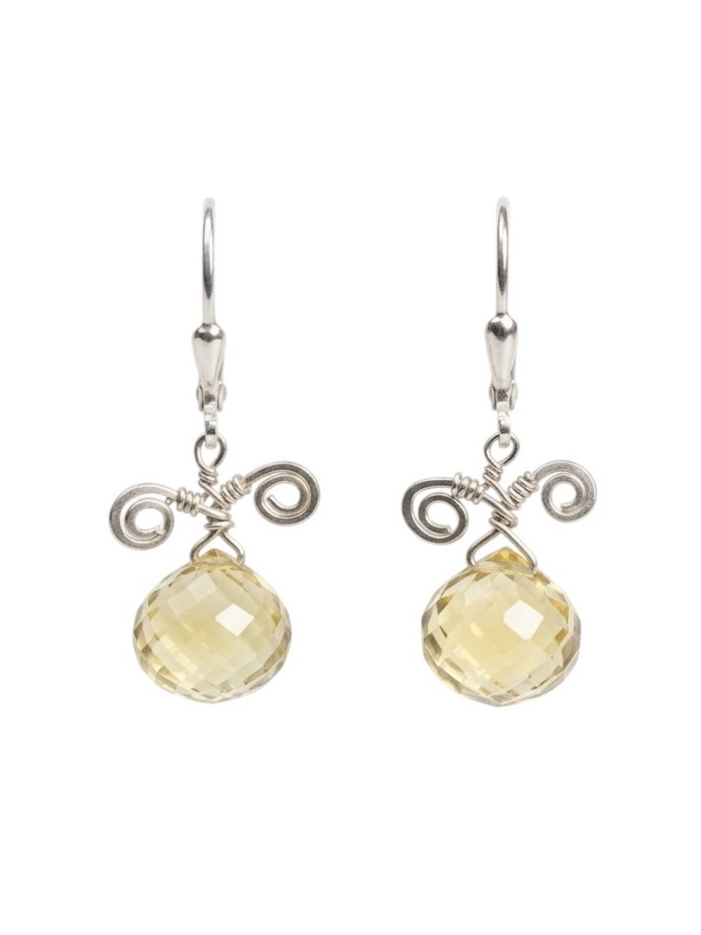 Sterling Silver Lemon Quartz Earrings Wire Wrapped Dainty Dangle Drop 925